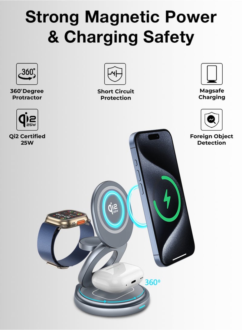 Glassology Qi2 25W 3-in-1 Magnetic Wireless Charging Stand Foldable 360° Rotating Fast Charger for iPhone, Apple Watch & AirPods – MagSafe Compatible, Qi2 Certified, Compact Travel-Friendly Charging Dock with Safety Protection - Image 2
